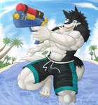 abs anthro athletic beach biceps big_muscles biped black_body black_clothing black_fur blaster blue_clothing blue_eyes bottomwear claws clothed clothing detailed_background fangs fur male muscular muscular_anthro muscular_male outside pecs sand seaside shorts sky smile solo standing swimwear tail teeth toe_claws tongue topless topless_anthro topless_male toy toy_gun water water_gun white_body white_fur naruever discordnight mammal sergal 2015 hi_res