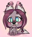 blush bridge_piercing chibi ear_piercing ear_ring excited facial_piercing female freckles happy nose_piercing piercing ring_piercing shaking sharp_teeth sitting solo sparkles teeth megnog nuna_tozzi bat-eared_fox canid canine fox mammal hi_res