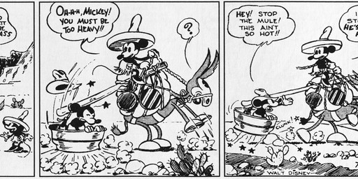 anthro bottomwear clothed clothing cowboy_hat dialogue exclamation_point female feral fingers gloves group gun handwear hat headgear headwear male open_mouth outside quadruped question_mark ranged_weapon sombrero text weapon floyd_gottfredson roy_nelson disney public_domain mickey_mouse minnie_mouse equid equine hybrid mammal mouse mule murid murine rodent 1930 20th_century absurd_res ancient_art black_and_white comic english_text hi_res long_image monochrome wide_image