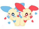 anthro bodily_fluids butt chibi duo electricity female female/female genital_fluids heart_eyes heart_symbol masturbation slightly_chubby bmq nintendo pokemon generation_3_pokemon minun plusle pokemon_(species) hi_res