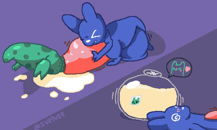 >_< after_vore ambiguous_gender balls big_balls big_penis blue_body blush blush_lines bodily_fluids cock_vore condom cum cum_on_ground cum_vore dazed digestion duo eyes_closed feral filled_condom genital_fluids genitals green_body heart_symbol highlights_(coloring) huge_balls huge_penis hyper hyper_balls hyper_genitalia hyper_penis looking_pleasured male male/ambiguous markings penile penis sexual_barrier_device shadow single_tooth spiral spiral_eyes spots spotted_body tapering_penis teeth two_panel_image vore svehaq_(artist) rain_world videocult blueberry_(svehaq) cum_creature slugcat 5:3 signature