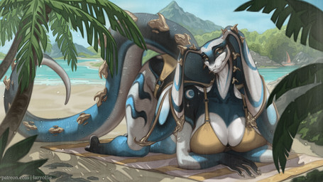 anthro bikini biped breasts claws clothed clothed_anthro clothed_female clothing feet female fingers front_view looking_at_viewer outside smile solo swimwear tail teeth text toes two-piece_swimsuit lazyollie reptile scalie snake 2026 digital_drawing_(artwork) digital_media_(artwork) hi_res url