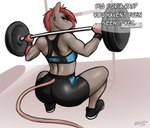 anthro athletic athletic_wear back_muscles back_scar big_butt bra butt clothing crouching exercise female gym hair looking_at_viewer muscular muscular_female red_hair scar solo speech_bubble sports_bra underwear workout hexnoid mammal murid murine rat rodent hi_res trans_(lore)