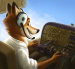 aircraft anthro clothed clothing dipstick_ears ear_markings electronics headphones inner_ear_fluff inside looking_at_viewer looking_back looking_back_at_viewer male markings microphone multicolored_ears open_mouth open_smile pilot sitting sky smile solo tuft vehicle whisker_markings working nikraccoom canid canine fox mammal 2021