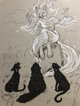 ambiguous_gender anthro black_body black_fur cemetery clothed clothing cross eyes_closed female feral fully_clothed fur grass group hair open_mouth plant singing smile tombstone translucent translucent_clothing whiskers caribou_(artist) inktober canid canine domestic_cat felid feline felis fox ghost mammal spirit 2020 black_and_white monochrome restricted_palette
