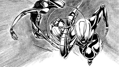 aiming ambiguous_gender arm_pads backflip butt crosshair group jumping machine metal metallic_body running spine sprinting text trio dragonweirdo humanoid robot robot_humanoid 16:9 english_text hi_res monochrome widescreen