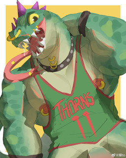 anthro armband basketball_uniform bodily_fluids bottomless bottomless_anthro bottomless_male clothed clothing collar facial_piercing genitals green_body green_clothing green_scales green_shirt green_topwear hand_behind_head head_spikes humanoid_genitalia humanoid_penis lip_piercing looking_at_viewer male muscular muscular_anthro muscular_male neck_piercing nipple_piercing nipples nose_piercing nose_ring pecs penis piercing purple_spikes ring_piercing saliva scales septum_piercing septum_ring shirt shirt_only solo spikes spikes_(anatomy) sportswear studded_collar studs tail teeth text text_on_clothing text_on_shirt text_on_topwear tongue tongue_out tongue_piercing topwear topwear_only uniform weibo_logo yellow_sclera wiltbergerfeis1 goat_(movie) sony_corporation sony_pictures weibo modo_olachenko komodo_dragon lizard monitor_lizard reptile scalie 2026 4:5 absurd_res digital_media_(artwork) hi_res