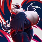 abstract_background anthro beak big_breasts biped bodysuit breasts clothing feathered_wings feathers female hair huge_breasts hyper hyper_breasts nipple_outline purple_sclera ruff skinsuit small_head smile solo thick_thighs tight_clothing white_hair wings drakonst avian bird hirundinid oscine passerine swallow_(bird) 1:1 2022 absurd_res hi_res