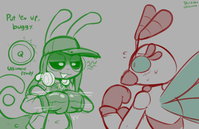 antennae_(anatomy) anthro blush boxing_gloves clothing dialogue duo electronics female gameplay_mechanics half-closed_eyes hands_together handwear headphones headphones_around_neck hoodie imminent_fight insect_wings looking_at_another male mandibles narrowed_eyes nervous raised_arms text topwear wings felino anthony_(zuzu) dj_ampie_(felino) alien ant arthropod hymenopteran insect 2026 english_text restricted_palette sketch