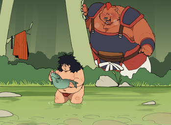anthro asian_clothing blush clothing detailed_background duo east_asian_clothing fundoshi japanese_clothing male moobs outside overweight overweight_male red_clothing red_fundoshi red_underwear size_difference underwear water quanjiang dragon_ball bear_thief yajirobe bear human mammal 2026