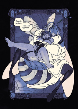 ambiguous_gender antennae_(anatomy) anthro anthro_on_bottom arthropod_abdomen arthropod_abdomen_genitalia arthropod_abdomen_penis bashful bodily_fluids bottomless breasts clothed clothing compound_eyes dialogue dripping duo exposed_breasts female female_on_anthro female_on_top genital_fluids genitals hug human_on_anthro human_on_top imminent_sex insect_wings intersex intersex/female interspecies larger_anthro larger_male male male_anthro male_on_human nervous on_top penis precum precum_drip robe robe_only sitting_on_another size_difference smaller_female smaller_human speech_bubble spooning spread_legs spreading stinger stinger_penis text vulva wings godaughtr virgo_(godaughtr) arthropod hornet human humanoid hymenopteran insect mammal vespid wasp character_request english_text hi_res monochrome translated