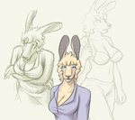 anthro big_breasts biped black_nose blonde_hair blue_eyes bottomwear bra breasts cleavage clothed clothing crossed_arms dress_shirt female fur hair looking_at_viewer navel open_mouth pants shirt simple_background solo topless topwear underwear yellow_body yellow_fur ritts frank_westerveldt kangaroo macropod mammal marsupial 2008 sketch