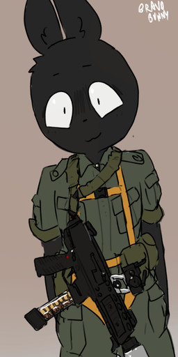 anthro black_body black_fur brown_background clothed clothed_male clothing fully_clothed fully_clothed_male fur gun kemono looking_at_viewer male military_uniform ranged_weapon simple_background smile solo text uniform weapon bravobunny lagomorph leporid mammal rabbit artist_name portrait three-quarter_portrait