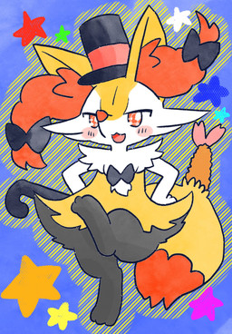 accessory ambiguous_anthro ambiguous_gender anthro biped blush blush_stickers bow_ribbon bow_tie cane clothing dancing digitigrade dipstick_tail food front_view hair_accessory hair_bow hair_ribbon hat headgear headwear holding_cane holding_object markings object_in_tail on_one_leg open_:3 open_mouth open_smile ribbons shrimp_(food) smile solo standing tail tail_markings top_hat annyui0611 nintendo pokemon braixen canid generation_6_pokemon mammal pokemon_(species) 2023 digital_drawing_(artwork) digital_media_(artwork) full-length_portrait hi_res japanese_description portrait translated_description