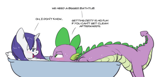 bath blush duo female feral hair horn male size_difference standing tail text water carniscorner friendship_is_magic hasbro my_little_pony mythology rarity_(mlp) spike_(mlp) dragon equid equine mammal mythological_creature mythological_equine mythological_scalie scalie unicorn 2013 english_text