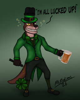 alcohol anthro beanie beer_mug beverage bow_tie brown_body brown_fur bubble clothing clover_(plant) clover_leaf drunk drunk_bubble flail four_leaf_clover fur hat headgear headwear holidays leaf leprechaun_hat looking_at_viewer male melee_weapon plant solo substance_intoxication text top_hat weapon yellow_eyes mckodimus st._patrick's_day percy_(mckodimus) mammal mustelid otter 4:5 absurd_res hi_res