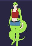 anthro bald barefoot blue_eyes bottomwear clothing feet femboy green_body green_scales male scales shirt shorts smile solo submissive tank_top thick_thighs topwear white_body white_scales wide_hips lewis_(tacomeister) boa_(snake) boinae emerald_tree_boa legged_snake reptile scalie snake