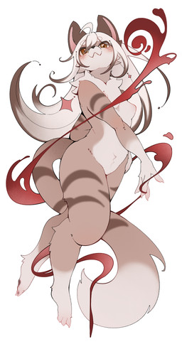 4_toes andromorph andromorph/female anthro blood bodily_fluids breasts dancing feet female fur intersex intersex/female kemono proud_expression silk solo standing tan_body tan_fur toes yellow_eyes mi1_yit frocloud felid feline humanoid mammal absurd_res hi_res