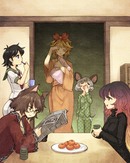 asian_clothing black_clothing black_hair black_sweater black_topwear black_turtleneck blonde_hair blue_eyes brown_hair brush brushing brushing_teeth clothed clothing container covering covering_mouth covering_own_mouth covering_self cup east_asian_clothing eyes_closed eyewear female food fully_clothed furniture glasses gradient_hair grey_hair group hair haori holding_container holding_cup holding_mug holding_newspaper holding_object holding_pillow inside japanese_clothing leaf leaf_on_head long_hair mug newspaper open_mouth pajamas pillow pince-nez plate purple_hair reading reading_newspaper sailor_uniform short_hair size_difference standing sweater table tired topwear turtleneck yawn urin_(artist) touhou byakuren_hijiri mamizou_futatsuiwa minamitsu_murasa nazrin shou_toramaru animal_humanoid canid canid_humanoid canine canine_humanoid human humanoid mammal mammal_humanoid mouse_humanoid murid murid_humanoid murine murine_humanoid rodent rodent_humanoid tanuki_humanoid 4:5