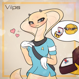 anthro blush blush_lines candy clothing dessert duo female flattered food gloves handwear heart_symbol horn marriage_proposal ring ring_pop snake_hood uniform milnegake_cherret sodapop_sprays star_trek star_trek_the_original_series vilps_(milnegake_cherret) cobra reptile scalie snake 1:1 hi_res meme