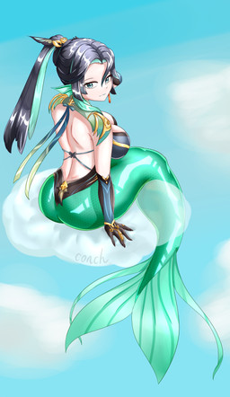alternate_species butt ear_fins female fin green_tail hair light_body light_skin looking_back mermaid_tail mermaidification ponytail rear_view sitting solo split_form tail conch_(pixiv) genshin_impact mihoyo xianyun_(genshin_impact) aquatic humanoid_merfolk merfolk 2026 absurd_res full-length_portrait hi_res portrait