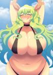 2_horns belly big_breasts black_clothing black_swimwear blush breasts choker cleavage clothed clothing curvy_figure deep_navel eyelashes eyes_always_closed eyes_closed female front_view full_cleavage gradient_hair green_hair hair hands_behind_head horn huge_breasts inner_boob jewelry licking licking_lips light_body light_skin long_hair muffin_top navel necklace not_furry raised_arms side_boob simple_background skimpy sky slightly_chubby slightly_chubby_female slightly_chubby_humanoid smile solo striped_horn stripes swimwear tongue voluptuous wet wet_body wet_skin wide_hips andro_juniarto miss_kobayashi's_dragon_maid quetzalcoatl_(dragon_maid) horned_humanoid humanoid 2018 hi_res portrait signature three-quarter_portrait