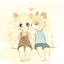 ambiguous_gender anthro brown_eyes brown_sclera clothed clothing duo eyes_closed fluffy fluffy_tail fur kissing kissing_cheek open_mouth overalls simple_background sitting tail tan_body tan_fur topwear tuft white_background snoiifoxxo canid canine fox mammal 1:1 hi_res