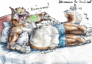 anthro bed belly big_belly burping clothed clothing digestion fatal_vore furniture lying male on_bed on_side oral_vore rumbling_stomach solo topless topless_male vore anxiousboar absurd_res hi_res painting_(artwork) traditional_media_(artwork) watercolor_(artwork)