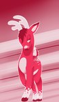 ambiguous_gender antlers feral hair hooves horn pattern_background pink_eyes pink_hair quadruped red_hooves simple_background smug solo striped_background braeburned futret deer mammal 2012 digital_media_(artwork) hi_res pink_theme