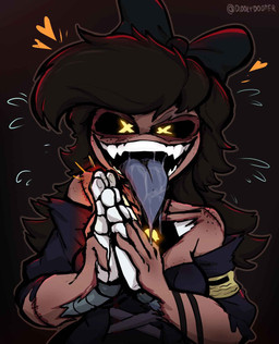 5_fingers arm_tattoo aroused bare_shoulders bared_teeth big_breasts black_background black_clothing black_hair black_sclera blood bodily_fluids body_horror bow_ribbon breasts brown_body brown_hair brown_skin cleavage clothed clothing corpse corset creepy dark_body dark_skin disguise dress drooling evil_face evil_grin eye_contact eye_socket fangs female fingers flirting freckled_breasts freckled_face freckled_shoulders freckles glowing glowing_eyes grey_arms grey_tongue hair hands_together heart_symbol hearts_around_head heat_(temperature) hollow_eyes insane lines_on_body lingerie long_hair long_tongue looking_at_another looking_at_viewer machine nightmare_fuel open_mouth saliva saliva_string scar screen screen_eyes screen_face simple_background skinsuit smile solo stitch_(sewing) sweat tattoo teeth text tight_clothing tongue tongue_out topwear unusual_anatomy villainess villainous where_is_your_god_now white_body white_hands wounded x_eyes yellow_eyes diddlydooter1 glitch_productions murder_drones absolute_solver cyn_(murder_drones) tessa_(murder_drones) eldritch_abomination human humanoid mammal patchwork_creature robot robot_humanoid undead worker_drone artist_name digital_drawing_(artwork) digital_media_(artwork) hi_res meme signature