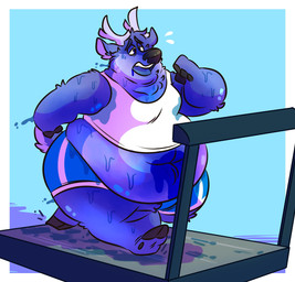 anthro antlers belly belly_overhang blue_background blue_body blue_fur blueberry_inflation bodily_fluids clothing exercise fur horn inflation male navel obese obese_anthro obese_male overweight overweight_anthro overweight_male shirt simple_background solo sweat tank_top topwear treadmill syc deer mammal hi_res
