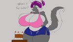 anthro big_breasts bottomwear bra breasts cake clothing dessert female fluffy fluffy_tail food fur green_eyes grey_body grey_fur hair purple_hair shorts solo tail underwear alexis-01 ribbon_(bowhuskers) canid canine canis mammal wolf hi_res