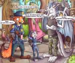 4_toes anthro barefoot blush breaking_the_fourth_wall claws clothed clothing dialogue feet female flower fur grey_body grey_fur group male membrane_(anatomy) membranous_wings plant police police_uniform size_difference tail text toe_claws toes uniform wings fuf disney mythology zootopia judy_hopps macharius nick_wilde canid canine dragon fox lagomorph leporid mammal mythological_creature mythological_scalie rabbit red_fox scalie true_fox 2017 english_text hi_res