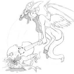 anthro blood bodily_fluids bowed_string_instrument cello death duo feathered_wings feathers gore hooves horn male membrane_(anatomy) membranous_wings musical_instrument simple_background string_instrument tail teeth white_background wings oddbird demon imp 1:1 greyscale hi_res monochrome