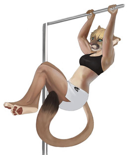 4_toes athletic athletic_female barefoot bra brown_body brown_fur clothing exercise feet female fur green_eyes leaning looking_at_viewer midriff pawpads paws simple_background solo sports_bra toes tomboy underwear white_background cassie_evans cougar felid feline mammal full-length_portrait portrait