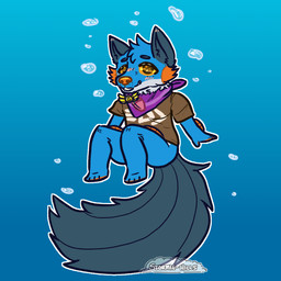 anthro badge big_tail blue_background blue_body blue_fur bottomless bottomless_male brown_clothing brown_shirt brown_topwear bubble chibi clothed clothing fin floating food fruit fur gradient_background head_tuft male orange_body orange_eyes orange_gills orange_nose orange_pawpads orange_scales pawpads persim_berry persim_scarf plant pokemon_berry scales shirt simple_background smile solo tail tail_fin topwear tuft stormiehills nintendo pokemon pokemon_mystery_dungeon spike_chunsoft splatoon xevy amphibian canid canine canis generation_3_pokemon hybrid mammal pokemon_(species) swampert wolf hi_res