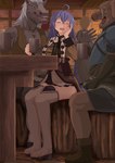 absolute_territory ahoge armor big_breasts black_clothing black_gloves black_handwear blue_chestplate blue_clothing blue_hair blue_legwear blue_topwear blush boots bottomwear breasts brown_body brown_clothing brown_dress brown_fur brown_topwear brown_vest clothed clothing colored_nails container cup detailed_background dress drunk erection erection_under_clothing fangs female fingernails footwear fur gloves green_boots green_clothing green_footwear grey_body grey_bottomwear grey_clothing grey_fingernails grey_fur grey_hair grey_nails grey_pants grey_shirt grey_topwear group hair handwear holding_container holding_cup holding_mug holding_object humanoid_hands inside legwear male masturbation_through_clothing motion_lines mug nails open_clothing open_mouth open_topwear open_vest pants shirt shirtless shoes sitting smile substance_intoxication tan_body tan_skin teeth tight_clothing topwear trio_focus tusks vest white_clothing white_legwear white_topwear white_vest kyou_mo_ippai_tatakaimashita mushoku_tensei blaze_(mushoku_tensei) nokopara_(mushoku_tensei) roxy_migurdia rudeus_greyrat domestic_pig equid equine horse human mammal suid suine sus_(pig) 2022 hi_res