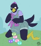 anthro block clean_diaper clothed clothing concentrated concentrating diaper diaper_under_clothing male overalls shortalls solo wearing_diaper bubblepuppers gambit_(the_corvid) avian bird corvid oscine passerine hi_res