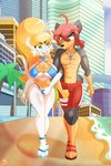 anthro beach bikini blonde_hair breasts clothing couples duo female hair male male/female red_hair swimwear two-piece_swimsuit cranebear jessica_young_melis ryuichi_kiwamelu canid canine canis domestic_cat domestic_dog felid feline felis mammal absurd_res hi_res