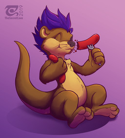 3_toes 4_fingers anthro biped black_nose blue_hair brown_body brown_fur chest_fur cutlery eyes_closed feet fingers food fork fur hair kitchen_utensils male purple_hair sitting smile soles solo tail toes tools whiskers thesecretcave mammal mustelid otter 2019 digital_media_(artwork) hi_res