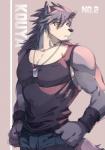 anthro biceps black_nose clothed clothing dog_tags fur grey_body grey_fur hair kemono looking_away male muscular muscular_anthro muscular_male shirt simple_background solo tank_top topwear yellow_eyes hachi_duchi morenatsu kouya_(morenatsu) canid canine canis domestic_dog husky mammal nordic_sled_dog spitz 2018 digital_media_(artwork) hi_res portrait