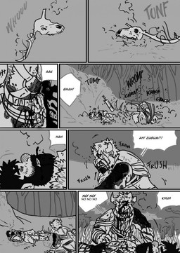 anthro armor blood bodily_fluids dialogue forest group hairy male muscular muscular_male plant snow text tree wounded husky92 european_mythology greek_mythology mythology bovid bovine humanoid mammal minotaur monster orc comic english_text hi_res monochrome multiple_scenes