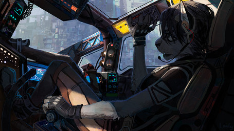 ambiguous_gender anthro clothed clothing cockpit electronics fingerless_gloves footwear fur gloves handwear headgear headphones headset inside_vehicle light paws pilot scientific_instrument seat_belt sitting solo spacecraft tail toeless_footwear vehicle whisker_spots white_body white_fur lofi felid feline mammal 16:9 2026 digital_media_(artwork) hi_res lighting signature widescreen