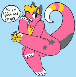 anthro blonde_hair blue_background blush dialogue feet female fingerless_(marking) fur hair markings pawpads raised_leg red_body red_fur ring_(marking) ringed_tail simple_background solo speech_bubble star_(marking) striped_markings striped_tail stripes tail tail_markings text toeless_(marking) yellow_pawpads bigsteppies liliko_(sofmallow) english_text hi_res nonbinary_(lore)