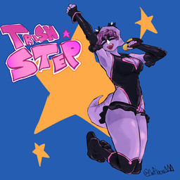 alternate_costume anthro big_breasts black_bottomwear black_clothing black_leotard black_skirt bottomwear breasts cleavage_cutout clothed clothed_anthro clothed_female clothing cosplay cutout electronics eyes_closed facial_horn female fingers frill_(anatomy) front_view geometric_background hair happy holding_microphone holding_object horn humanoid_hands leotard markings microphone miniskirt non-mammal_breasts plantigrade pose purple_body purple_hair short_hair simple_background singing skirt solo spots spotted_markings star tail text anfitrionaaa cavemanon_studios goodbye_volcano_high ko_op_(game_developer) my_hero_academia snoot_game trish_(gvh) ceratopsian ceratopsid chasmosaurine dinosaur marginocephalian ornithischian prehistoric_species reptile scalie triceratops 1:1 absurd_res artist_name colored english_text hi_res shaded