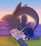 anthro ass_up blue_eyes bodily_fluids bottomless clothed clothing droplets femboy heart_eyes heart_symbol looking_at_viewer male pool shark_fin shark_tail solo sunset sweat sweatdrop wet bitesize_art fish marine shark absurd_res hi_res