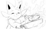 16:10 2024 ambiguous_gender anthro black_and_white cattiva cooking cookware eyes_closed fire food frying_pan holding_object holding_tool kitchen_utensils meat monochrome pal_(species) palworld pocketpair simple_background solo tongs tools white_background widescreen winick-lim