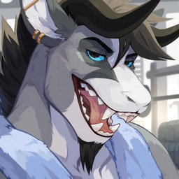 anthro barbell_piercing black_hair black_horn blue_eyes detailed_background ear_piercing ear_ring fangs fur glistening glistening_eyes grey_body grey_fur hair horn industrial_piercing looking_at_viewer male open_mouth open_smile piercing red_tongue ring_piercing smile solo teeth tongue unsigned white_body white_fur corzh77 1:1 absurd_res bust_portrait detailed hi_res icon portrait