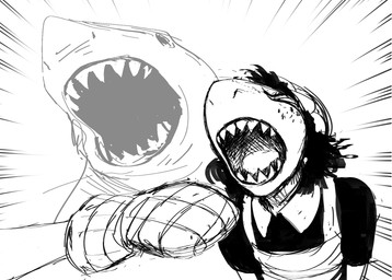 anthro clothing eyes_closed female freckled_face freckles handwear imminent_bite maid_uniform oven_mitts sharp_teeth teeth uniform hladilnik lonely_shark_(hladilnik) aquatic fish shark 2026 black_and_white hi_res monochrome