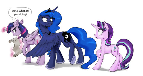 blue_hair cutie_mark dialogue feathered_wings feathers female feral frown group hair horn humor looking_back magic multicolored_hair purple_eyes scroll simple_background text white_background wings silfoe friendship_is_magic hasbro my_little_pony mythology princess_luna_(mlp) starlight_glimmer_(mlp) twilight_sparkle_(mlp) equid equine mammal mythological_creature mythological_equine unicorn winged_unicorn 2016 english_text hi_res